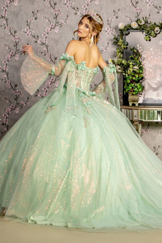 3-D Flower Jewel Sheer Bodice Mesh Ball Gown w/ Long Sleeves - RoshelLuxe.com