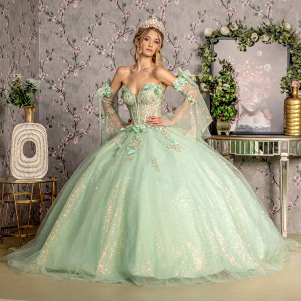 3-D Flower Jewel Sheer Bodice Mesh Ball Gown w/ Long Sleeves - RoshelLuxe.com
