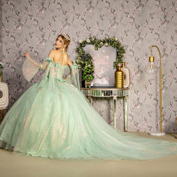 3-D Flower Jewel Sheer Bodice Mesh Ball Gown w/ Long Sleeves - RoshelLuxe.com