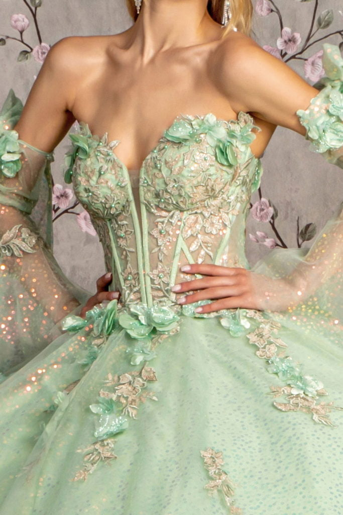 3-D Flower Jewel Sheer Bodice Mesh Ball Gown w/ Long Sleeves - RoshelLuxe.com