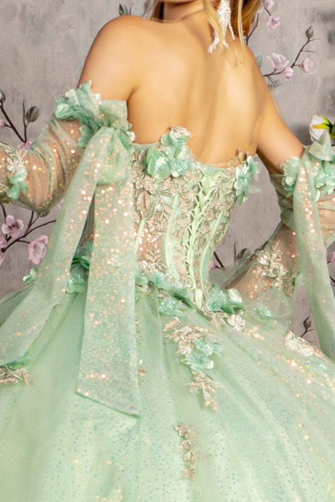 3-D Flower Jewel Sheer Bodice Mesh Ball Gown w/ Long Sleeves - RoshelLuxe.com