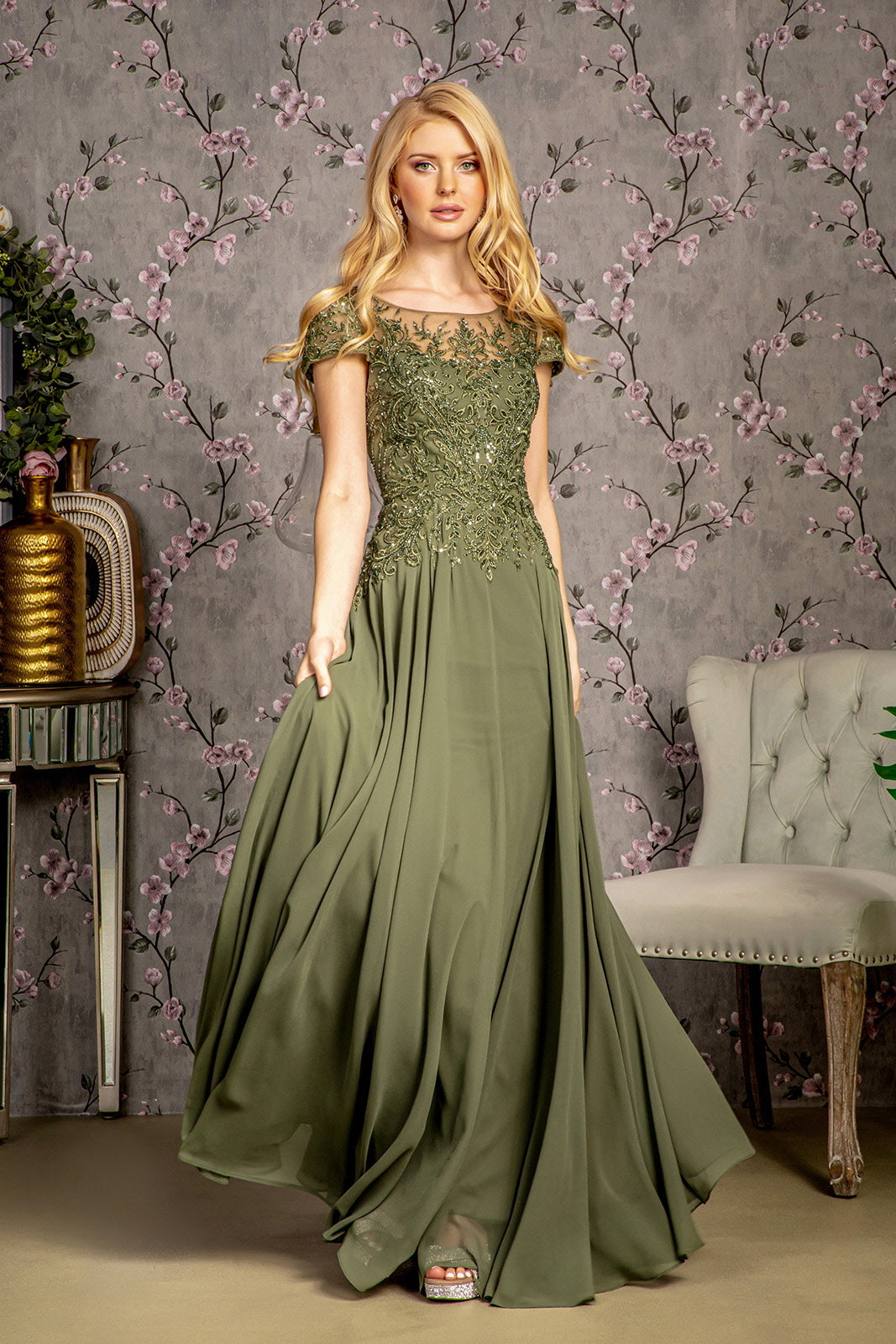 Embroidery Bead Sheer Bodice A-line Chiffon Long Dress - RoshelLuxe.com