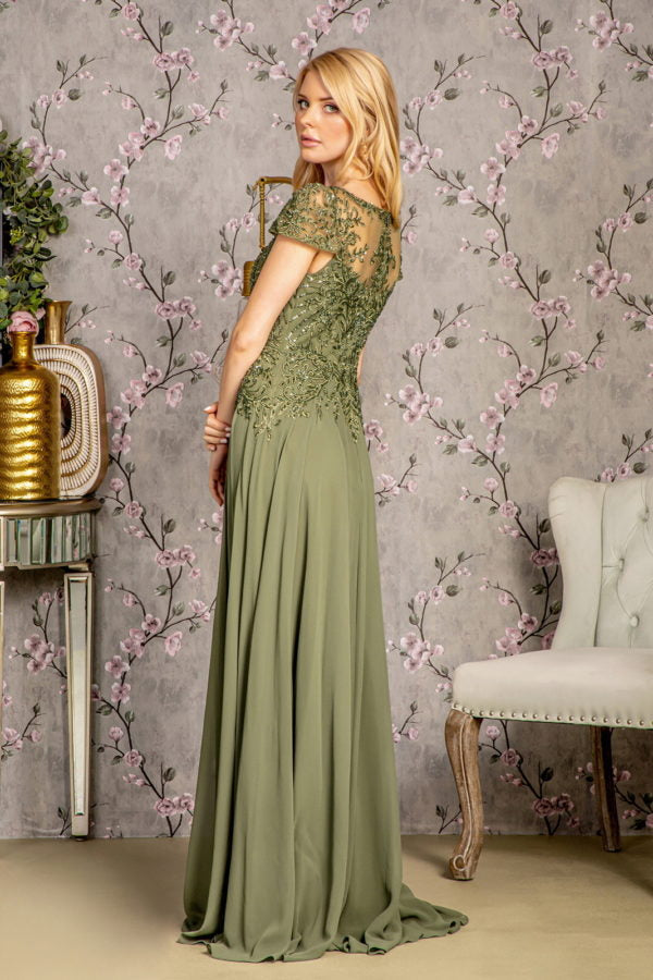 Embroidery Bead Sheer Bodice A-line Chiffon Long Dress - RoshelLuxe.com