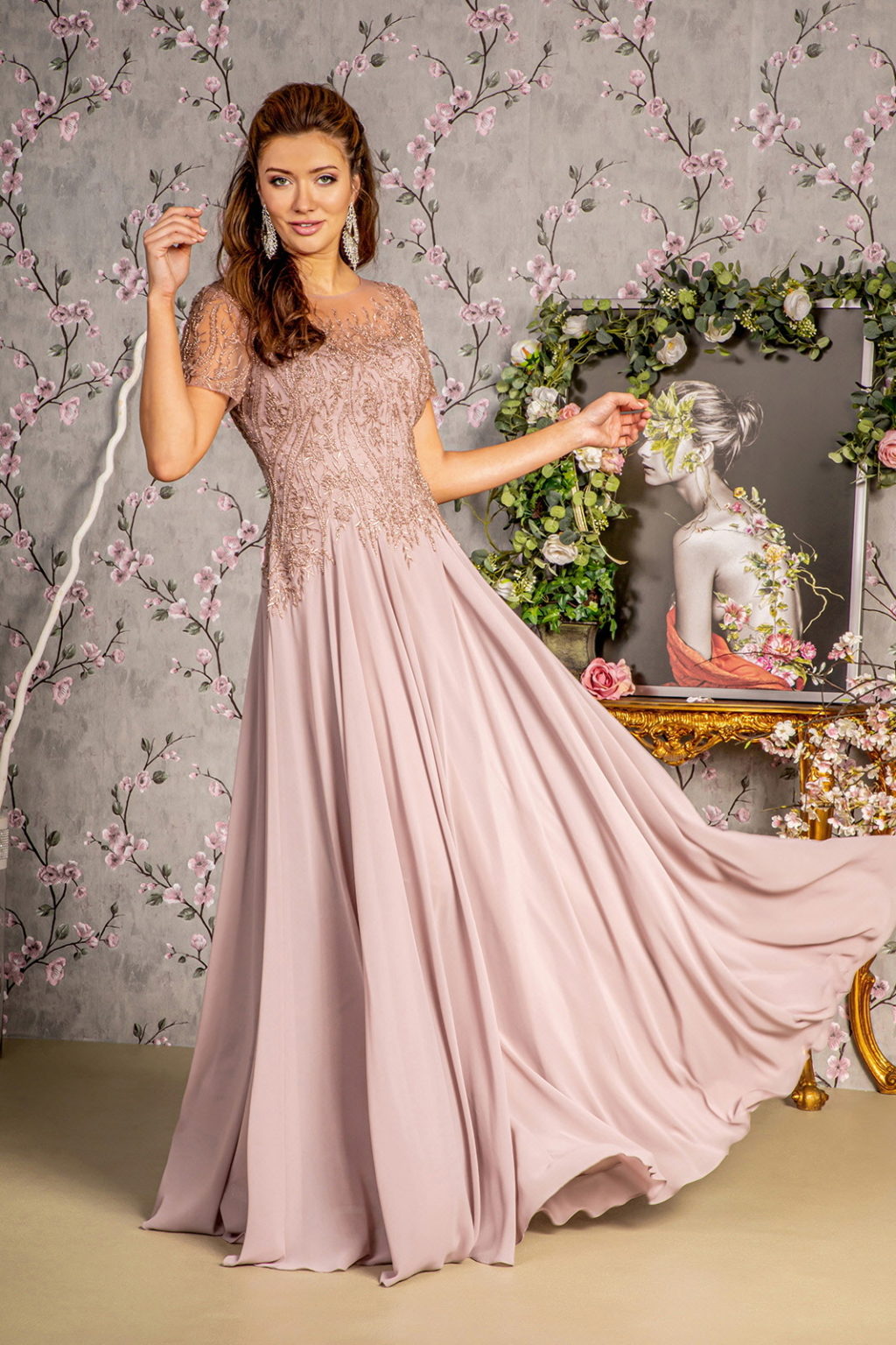 Bead Embroidery Sheer Short Sleeves A-line Mesh Long Dress - RoshelLuxe.com