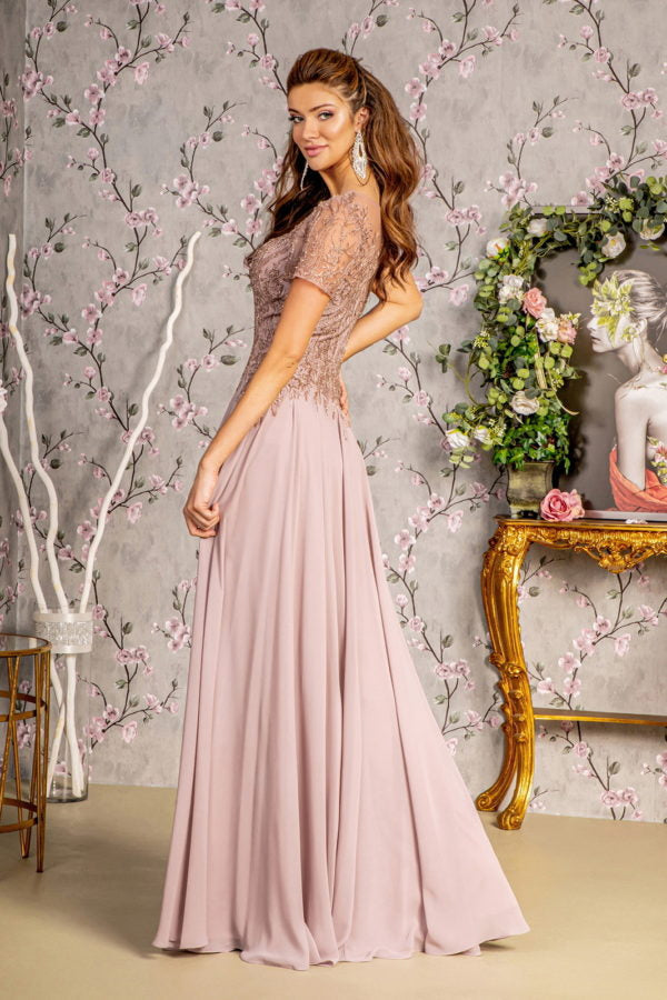 Bead Embroidery Sheer Short Sleeves A-line Mesh Long Dress - RoshelLuxe.com