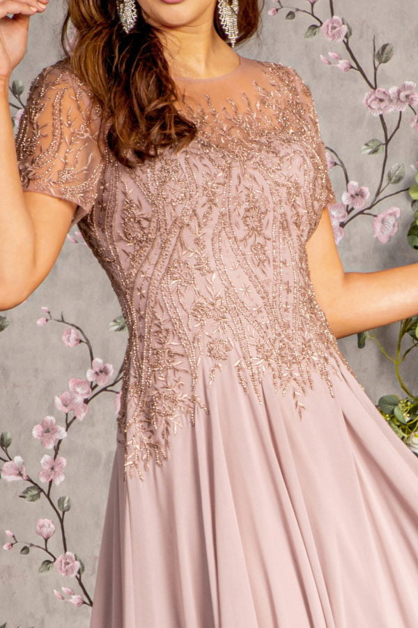 Bead Embroidery Sheer Short Sleeves A-line Mesh Long Dress - RoshelLuxe.com