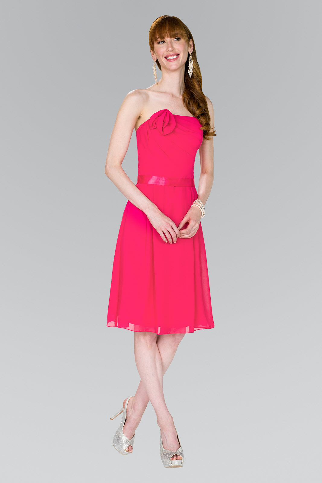 Strapless Chiffon Short Dress with Floral Accent and Satin Waistband - RoshelLuxe.com
