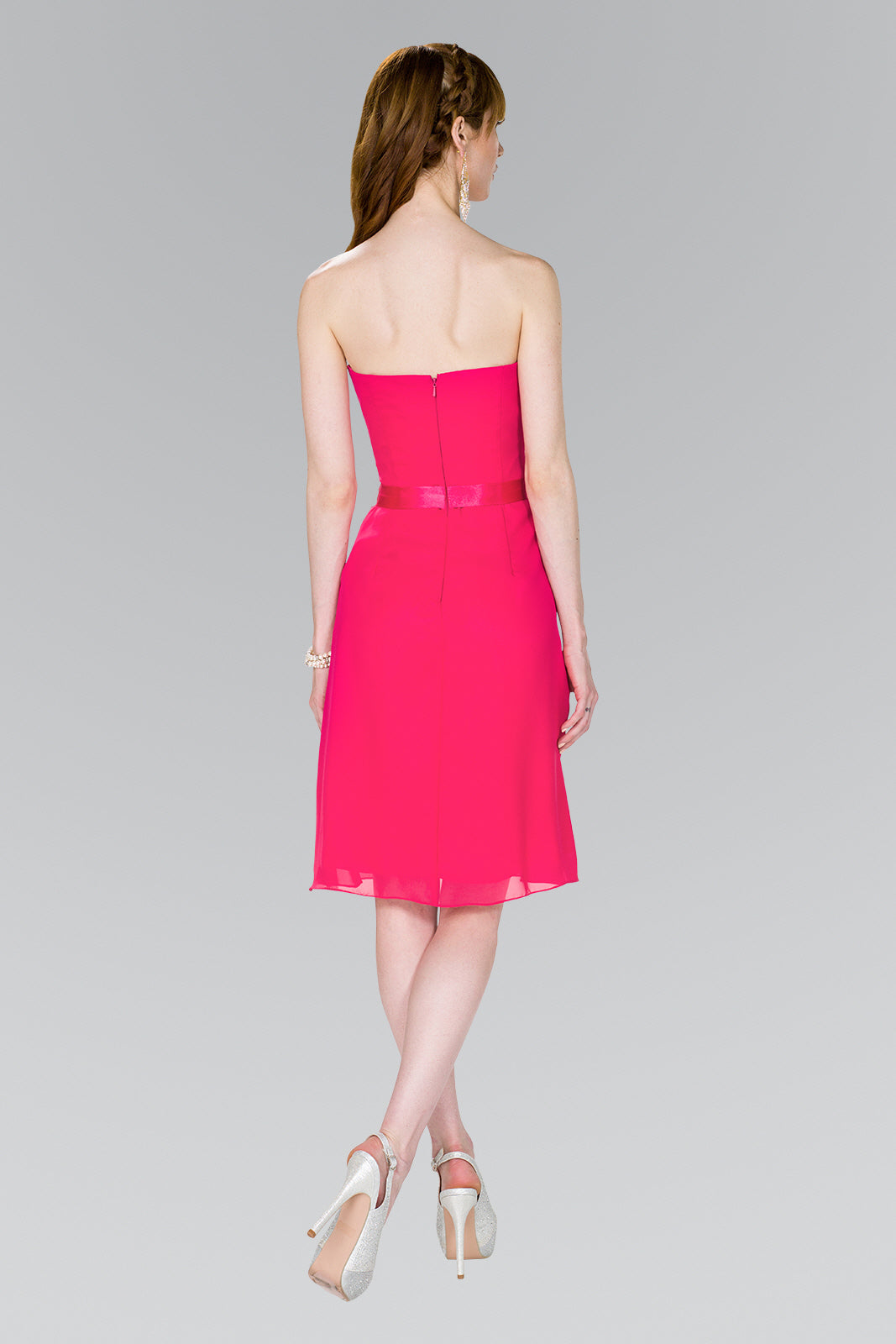 Strapless Chiffon Short Dress with Floral Accent and Satin Waistband - RoshelLuxe.com
