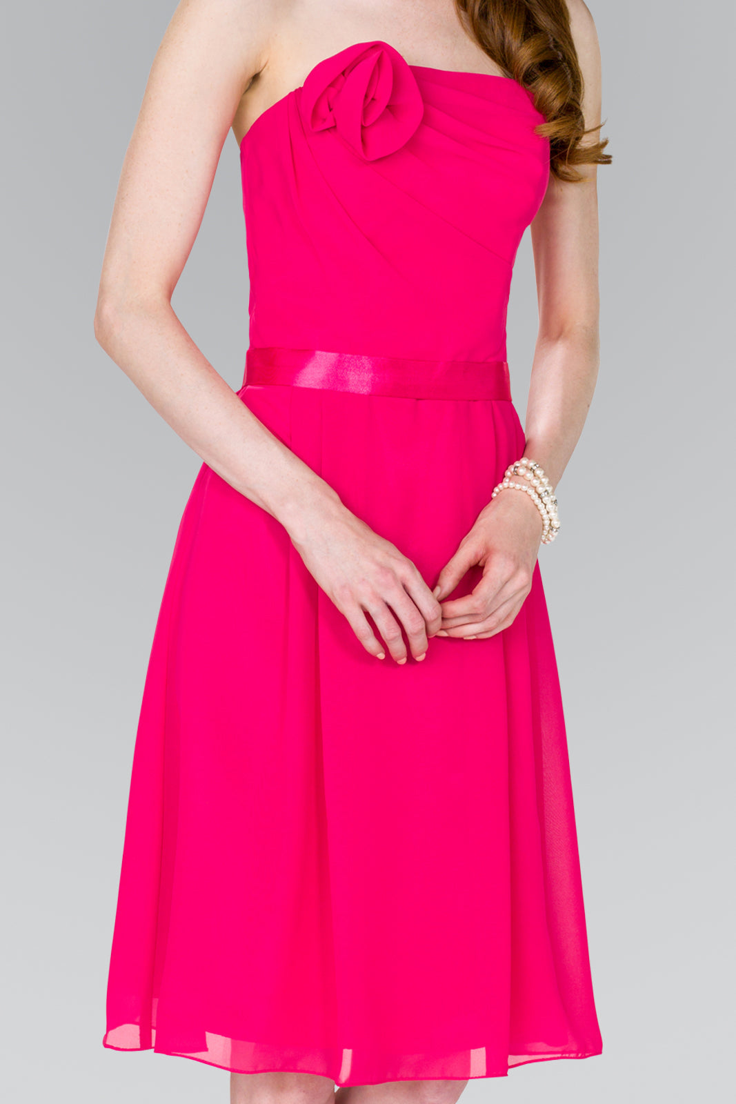 Strapless Chiffon Short Dress with Floral Accent and Satin Waistband - RoshelLuxe.com