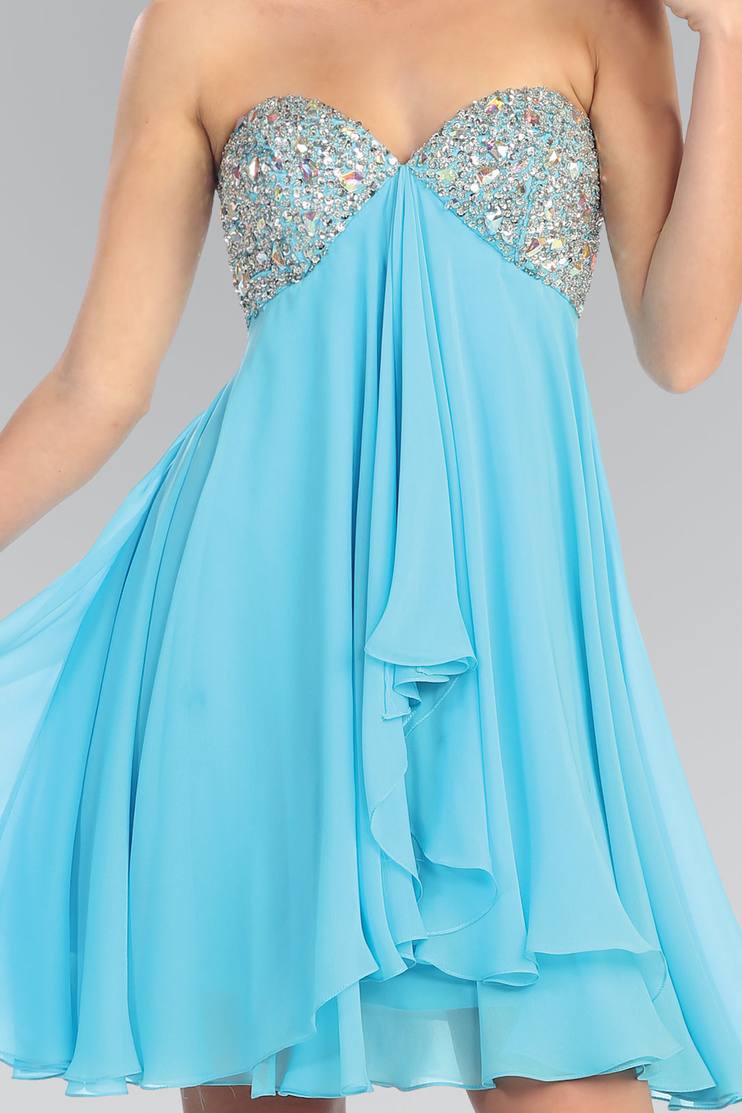 Strapless Chiffon Short Dress with Jewel Detailing - RoshelLuxe.com