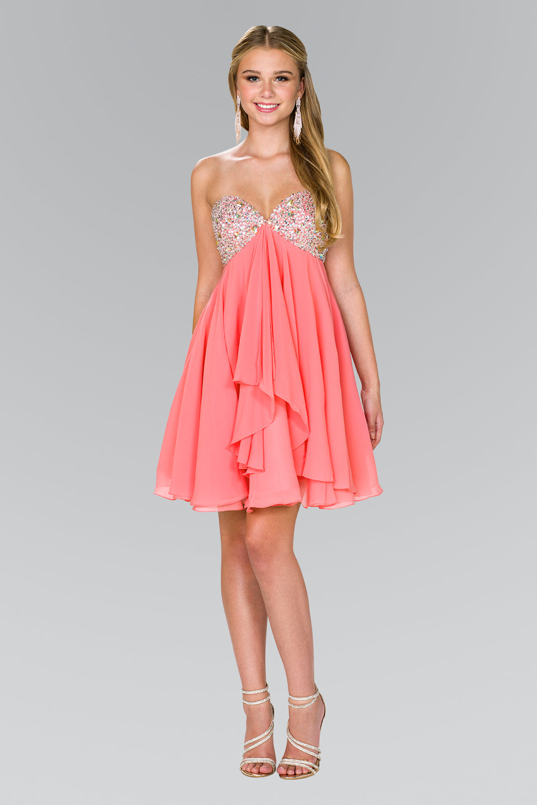Strapless Chiffon Short Dress with Jewel Detailing - RoshelLuxe.com