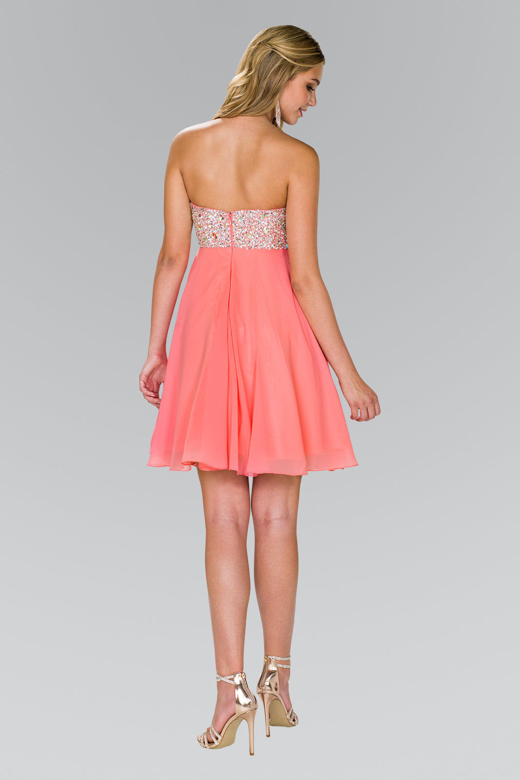 Strapless Chiffon Short Dress with Jewel Detailing - RoshelLuxe.com