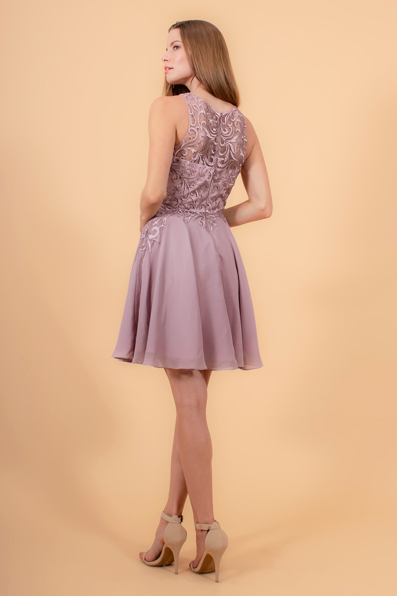 Embroidered Bodice Chiffon Short Dress - RoshelLuxe.com