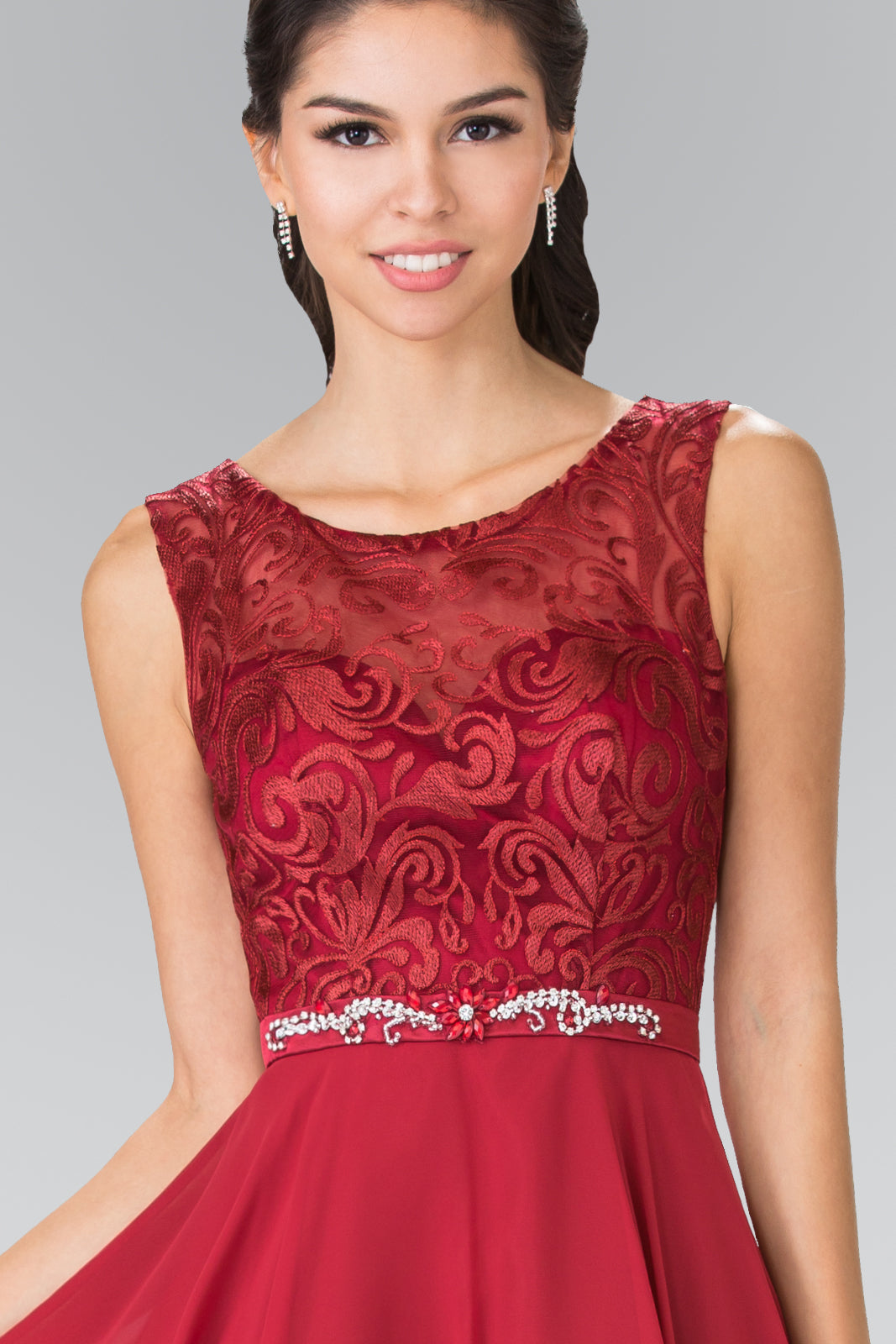 Lace Bodice A-Line Short Dress w/ Jeweled Waist Band - RoshelLuxe.com