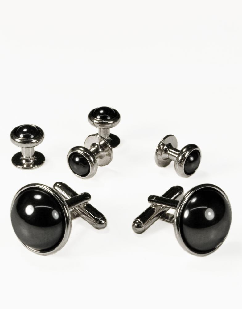 Hematite Dome with Gold or Silver Trim Studs and Cufflinks Set