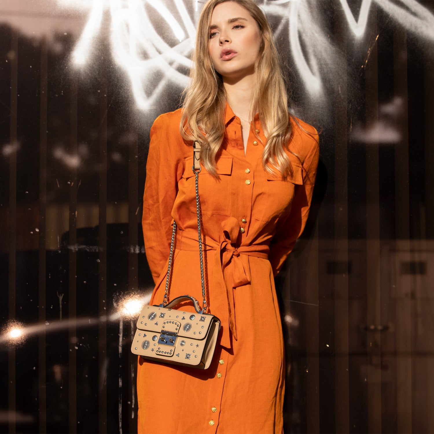 Small Leather Crossbody Bag Studded Dark Beige Tan Purse