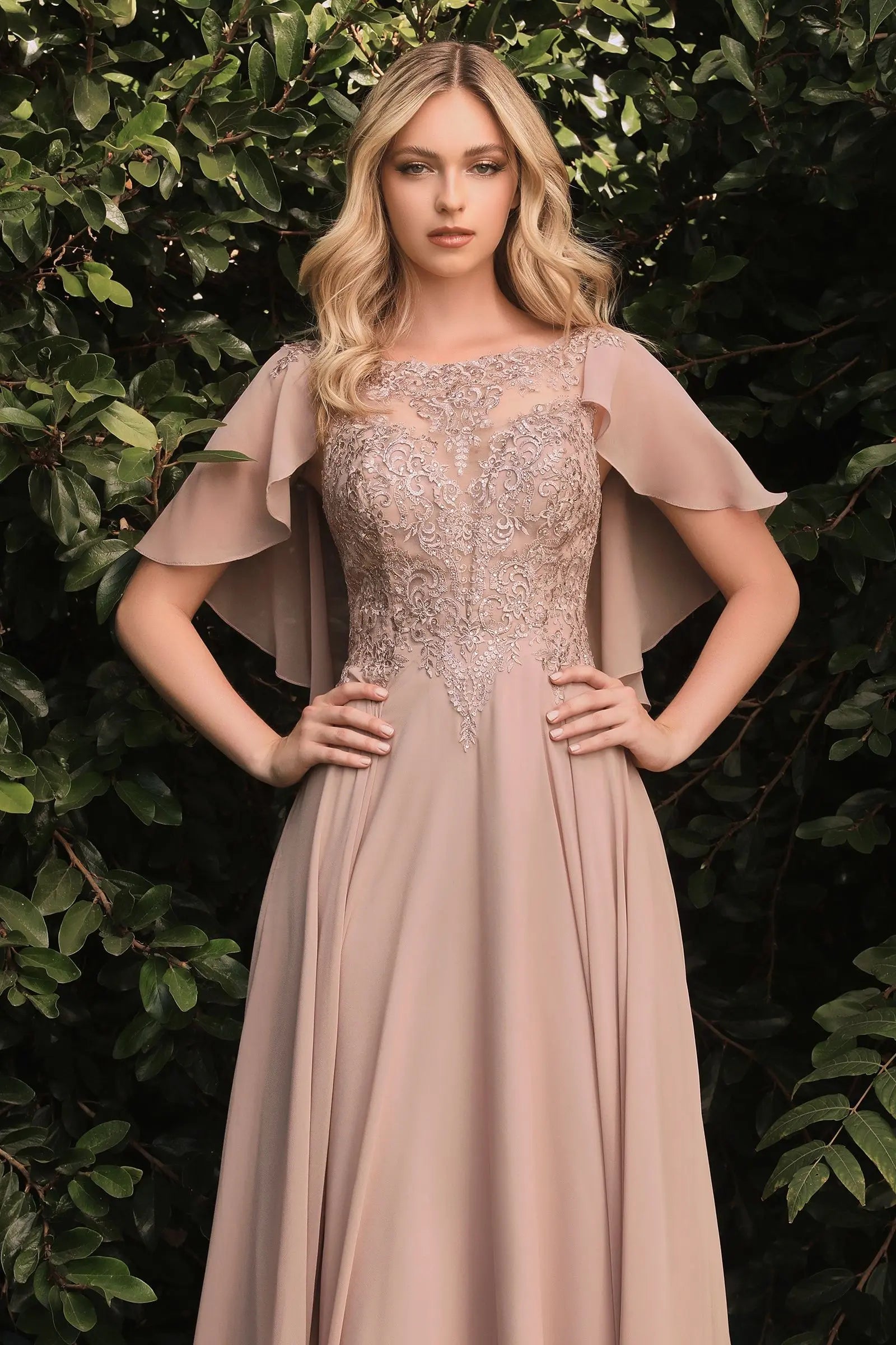 A-Line Chiffon Gown With Caplet - RoshelLuxe.com