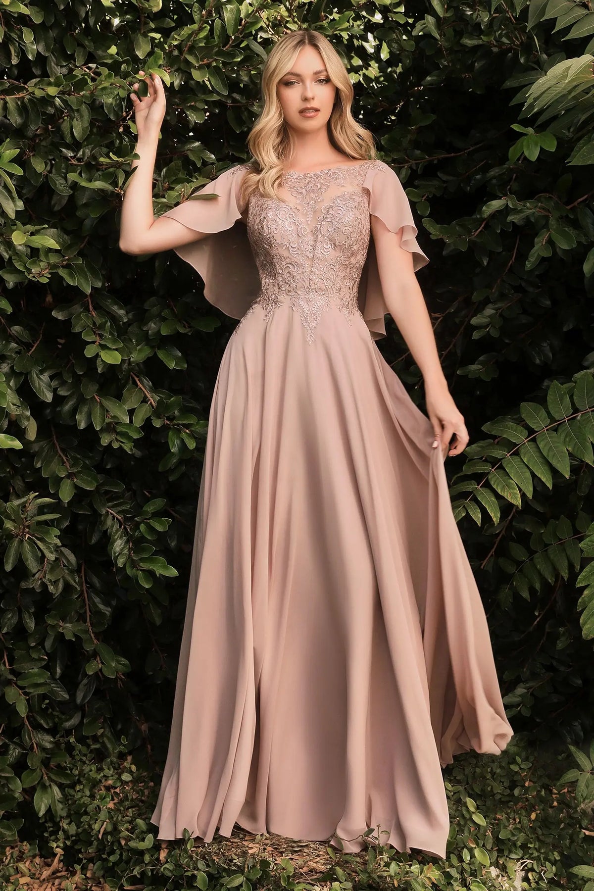 A-Line Chiffon Gown With Caplet - RoshelLuxe.com