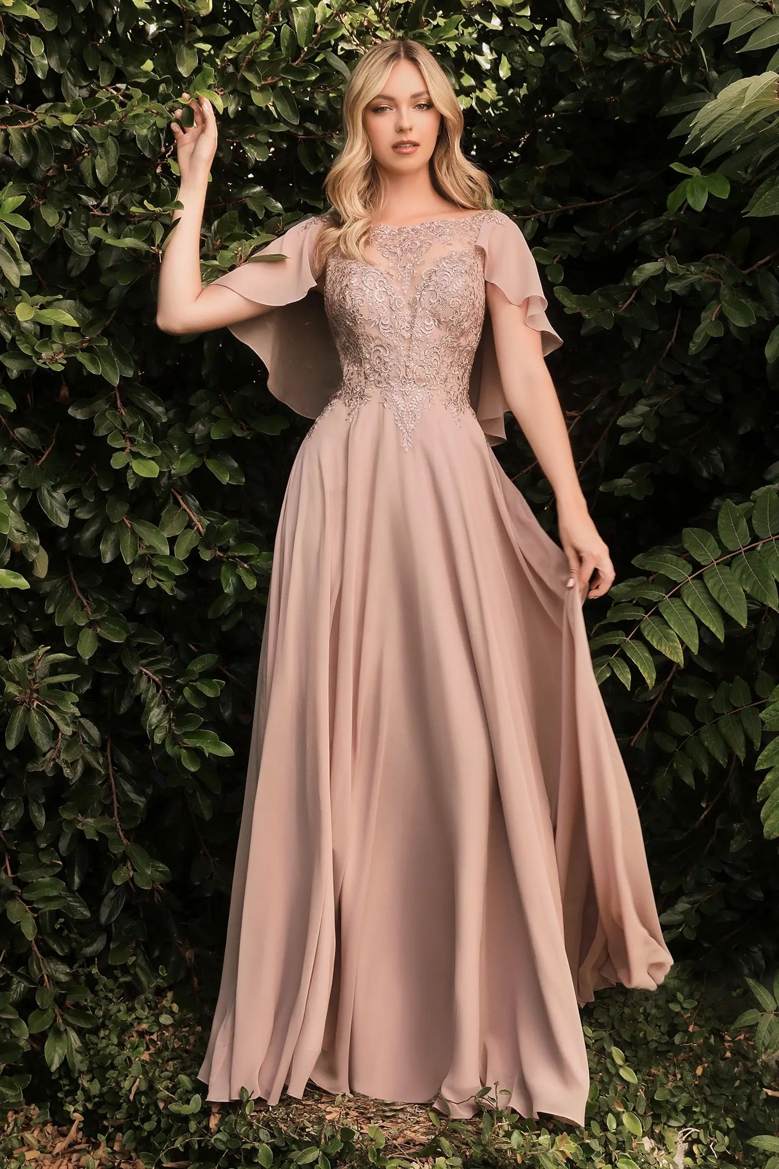 A-Line Chiffon Gown With Caplet - RoshelLuxe.com