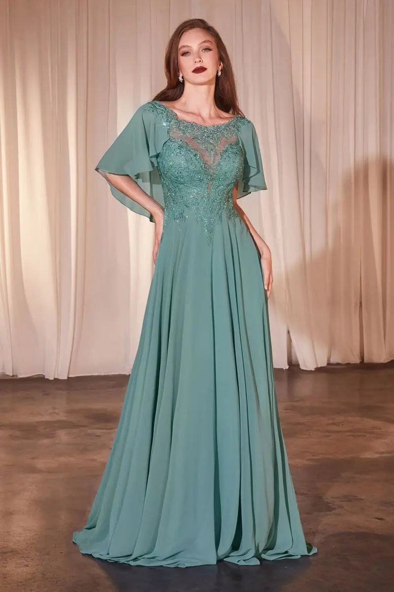 A-Line Chiffon Gown With Caplet - RoshelLuxe.com