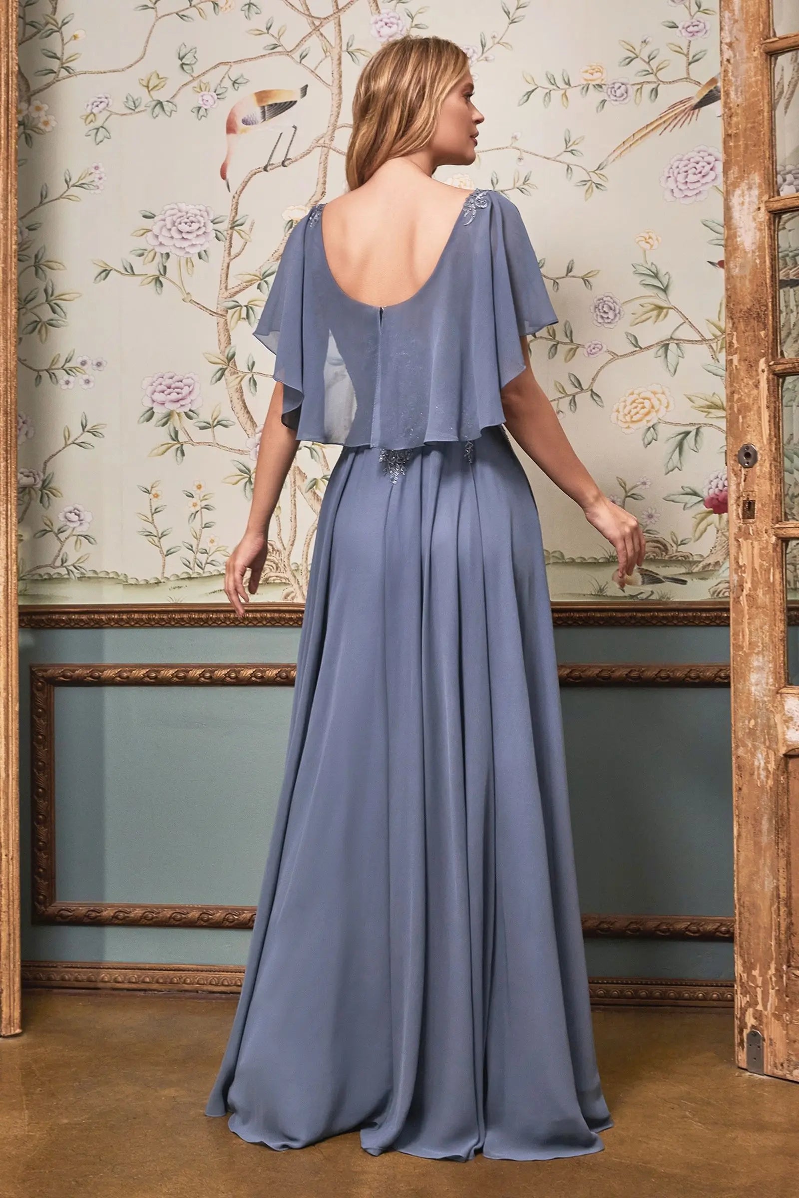A-Line Chiffon Gown With Caplet - RoshelLuxe.com