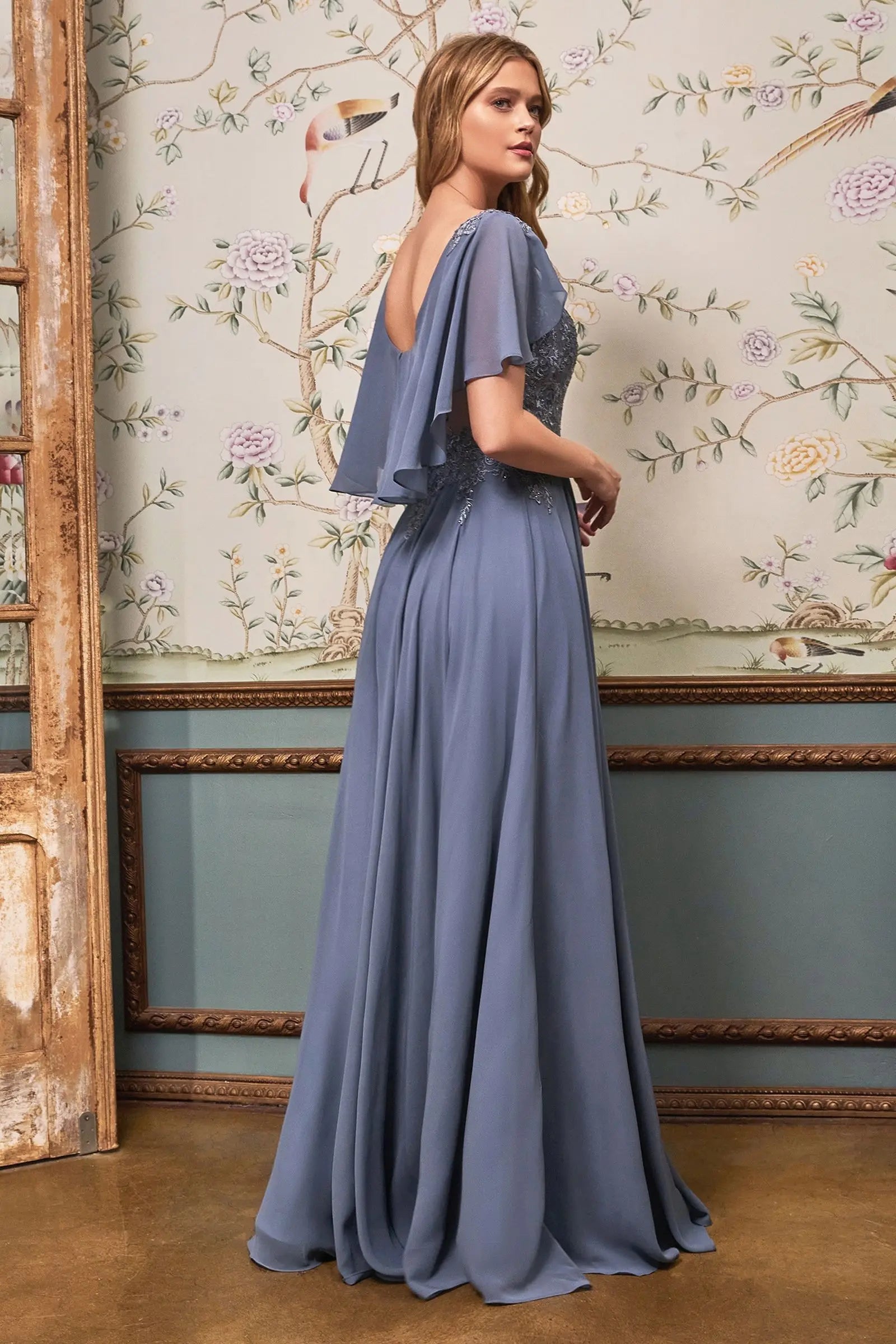 A-Line Chiffon Gown With Caplet - RoshelLuxe.com