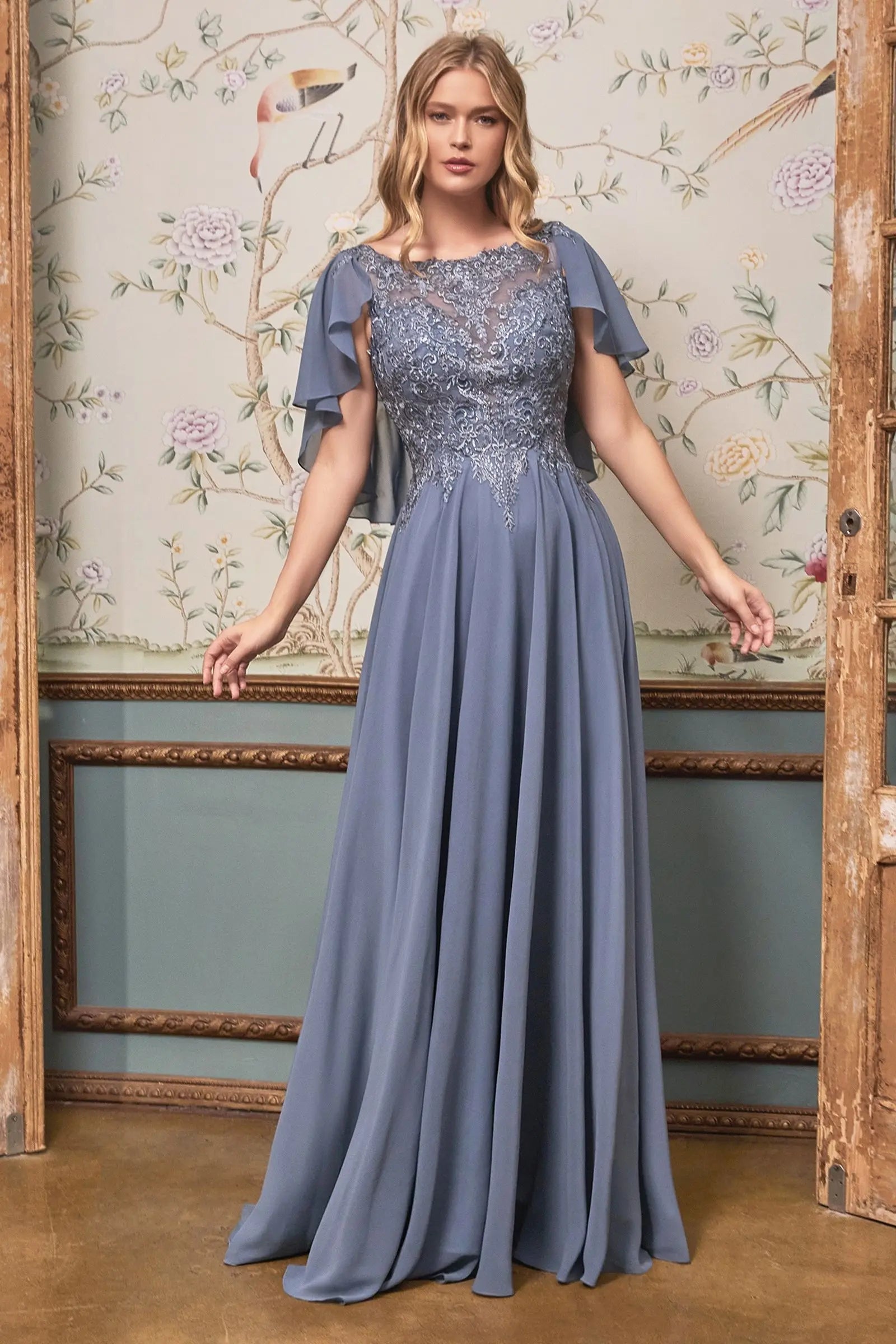 A-Line Chiffon Gown With Caplet - RoshelLuxe.com