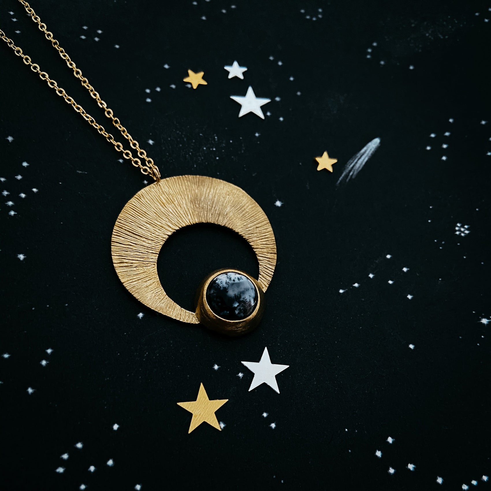 Crescent Moon Pendant with Dendritic Agate - RoshelLuxe.com