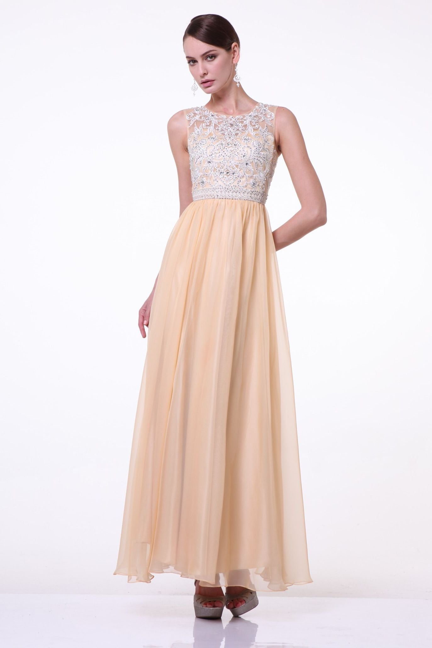 Beaded Lace Bodice Chiffon Empire Waist Dress - RoshelLuxe.com