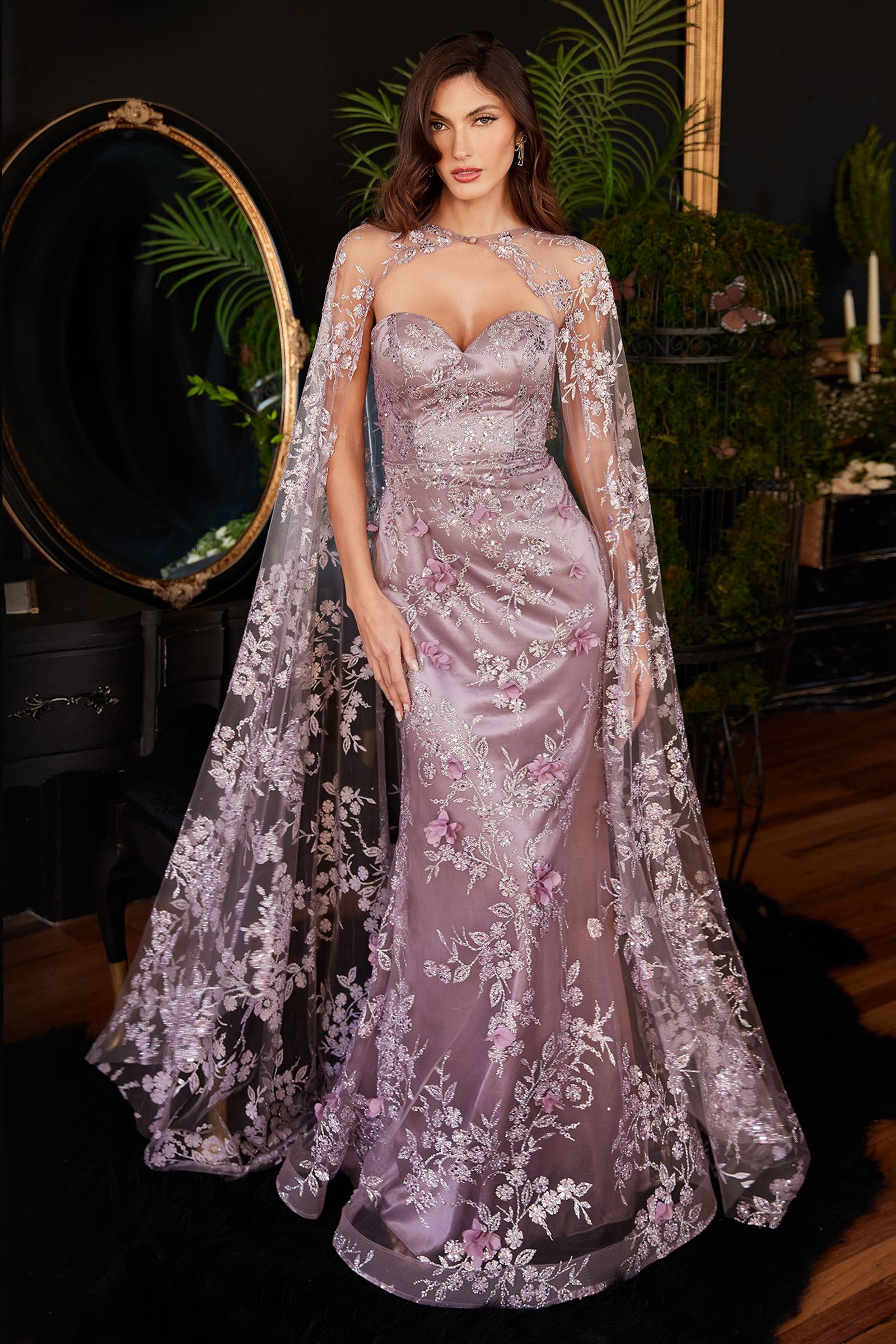 Strapless Fitted Gown With Lace Cape - RoshelLuxe.com