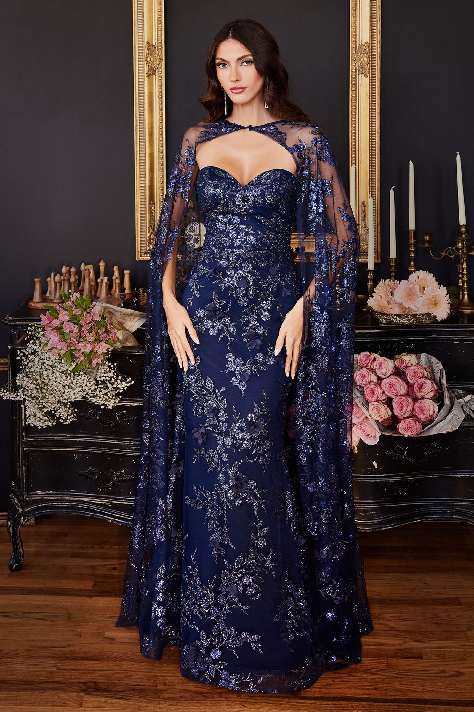 Strapless Fitted Gown With Lace Cape - RoshelLuxe.com
