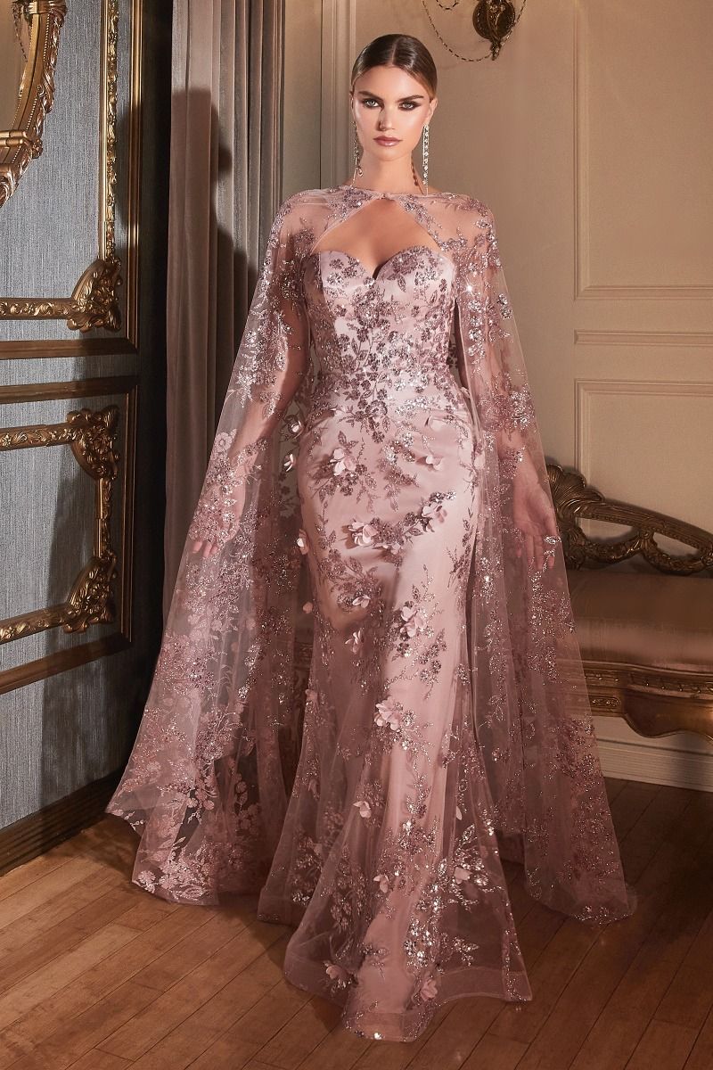 Strapless Fitted Gown With Lace Cape - RoshelLuxe.com