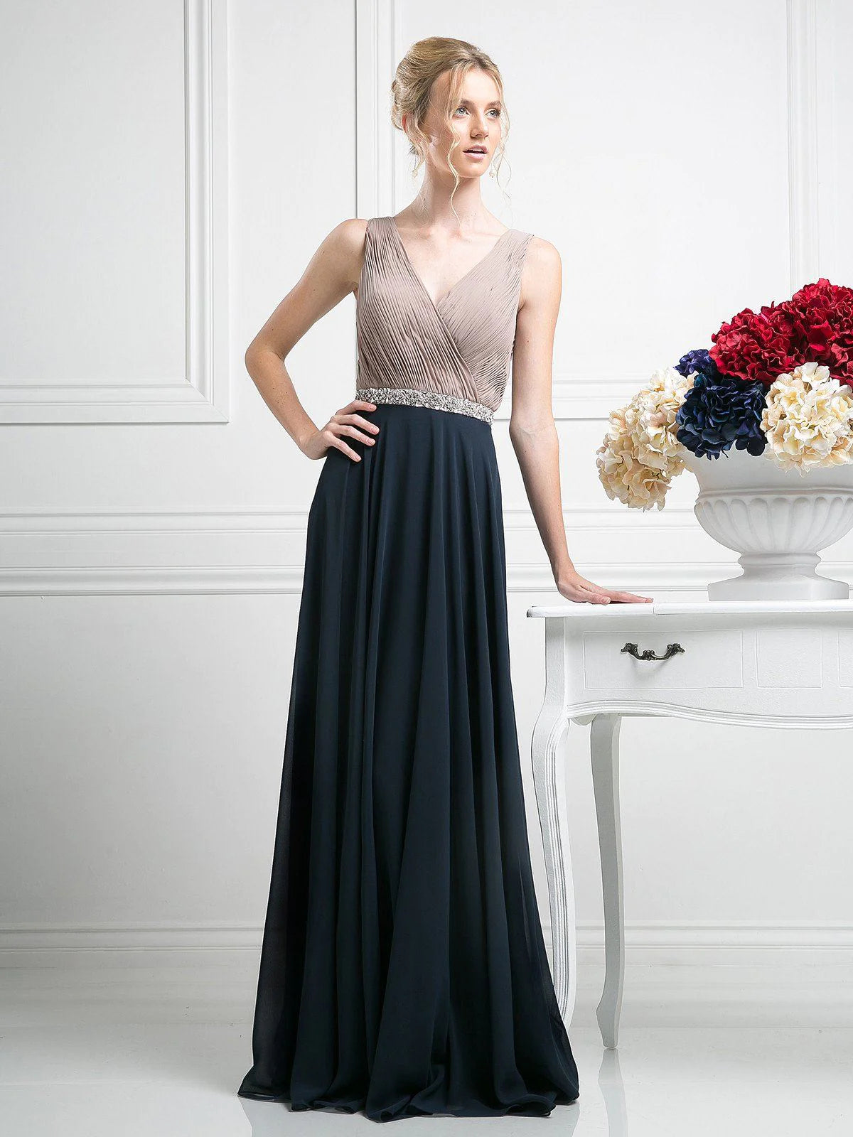 Beaded Belt Chiffon A - Line Dress - RoshelLuxe.com