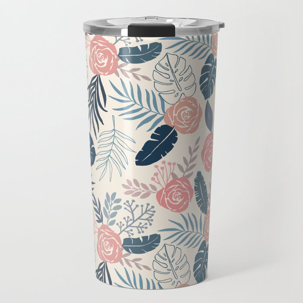Blue and Blush Tropical Floral Travel Mug - RoshelLuxe.com