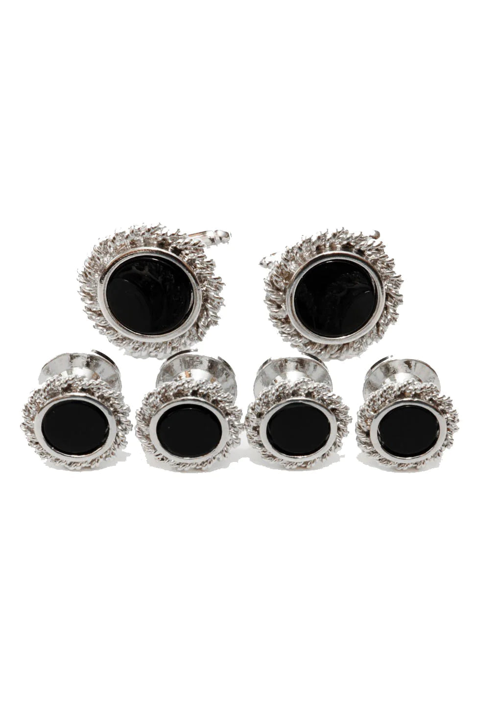 Black Onyx with Rope Silver Trim Studs and Cufflinks Set - RoshelLuxe.com