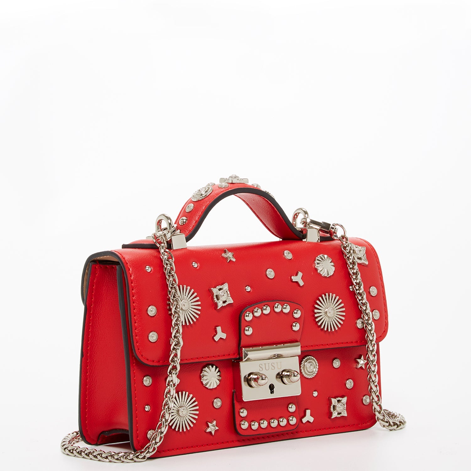Studded Small Leather Crossbody Bag Red Purse - RoshelLuxe.com