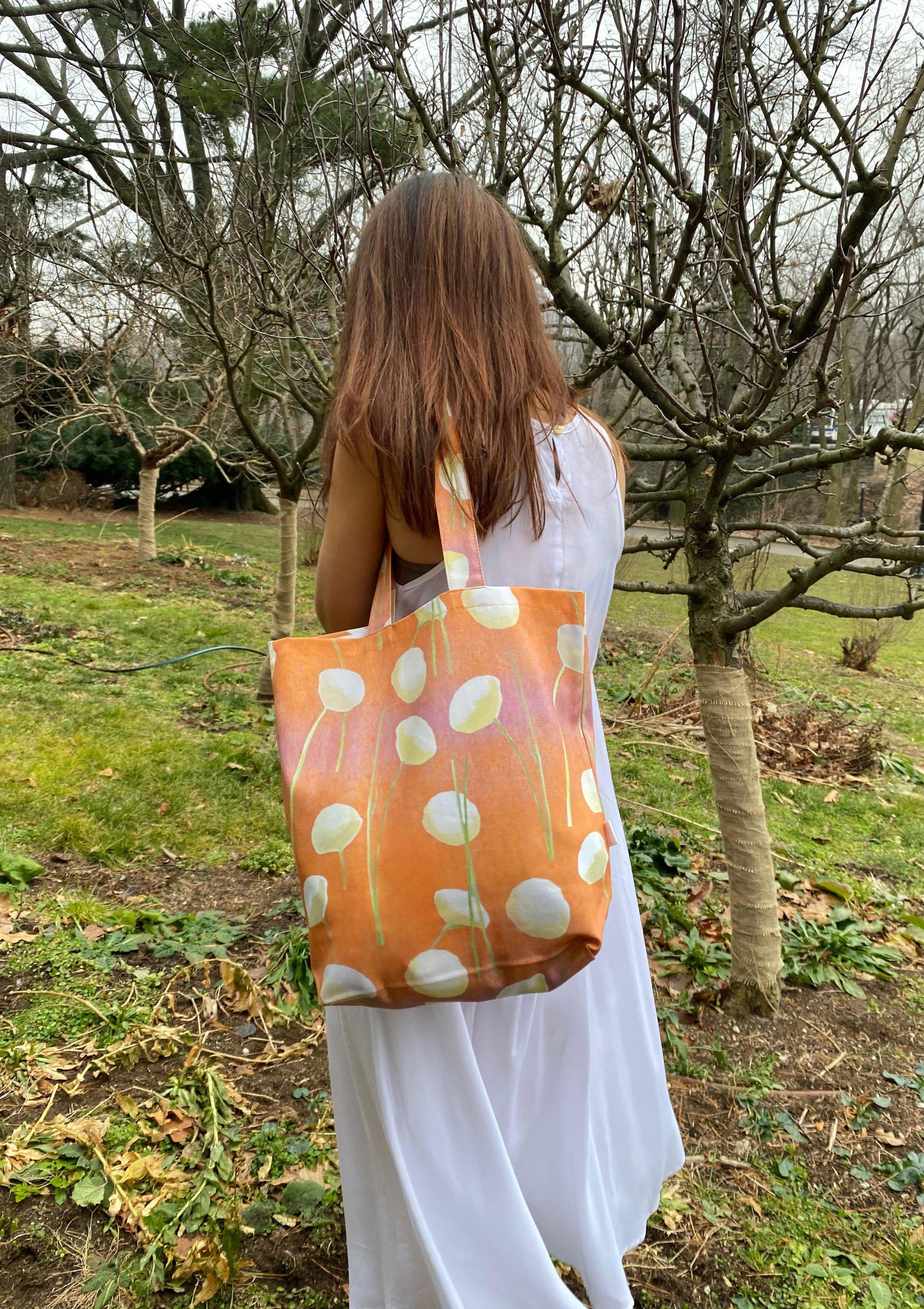 Tote Bag: Cream Flowers on Orange - RoshelLuxe.com