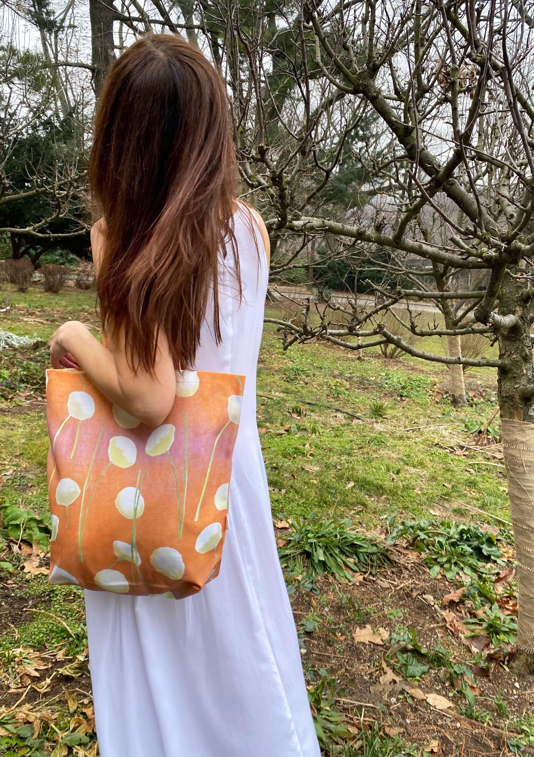 Tote Bag: Cream Flowers on Orange - RoshelLuxe.com