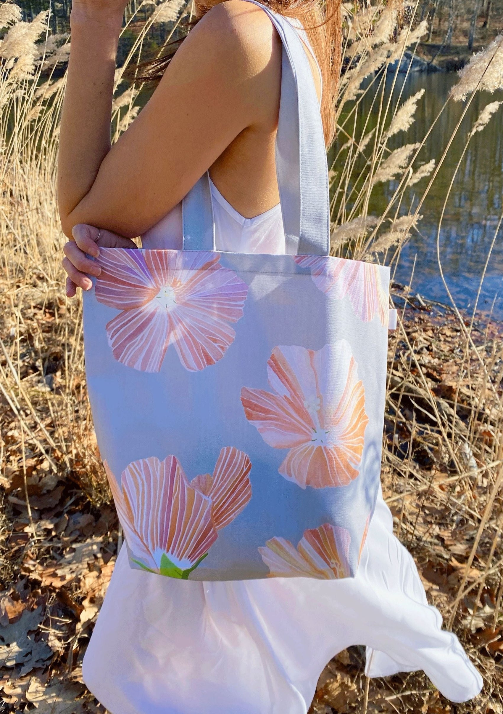 Tote Bag: Hibiscus on Grey - RoshelLuxe.com