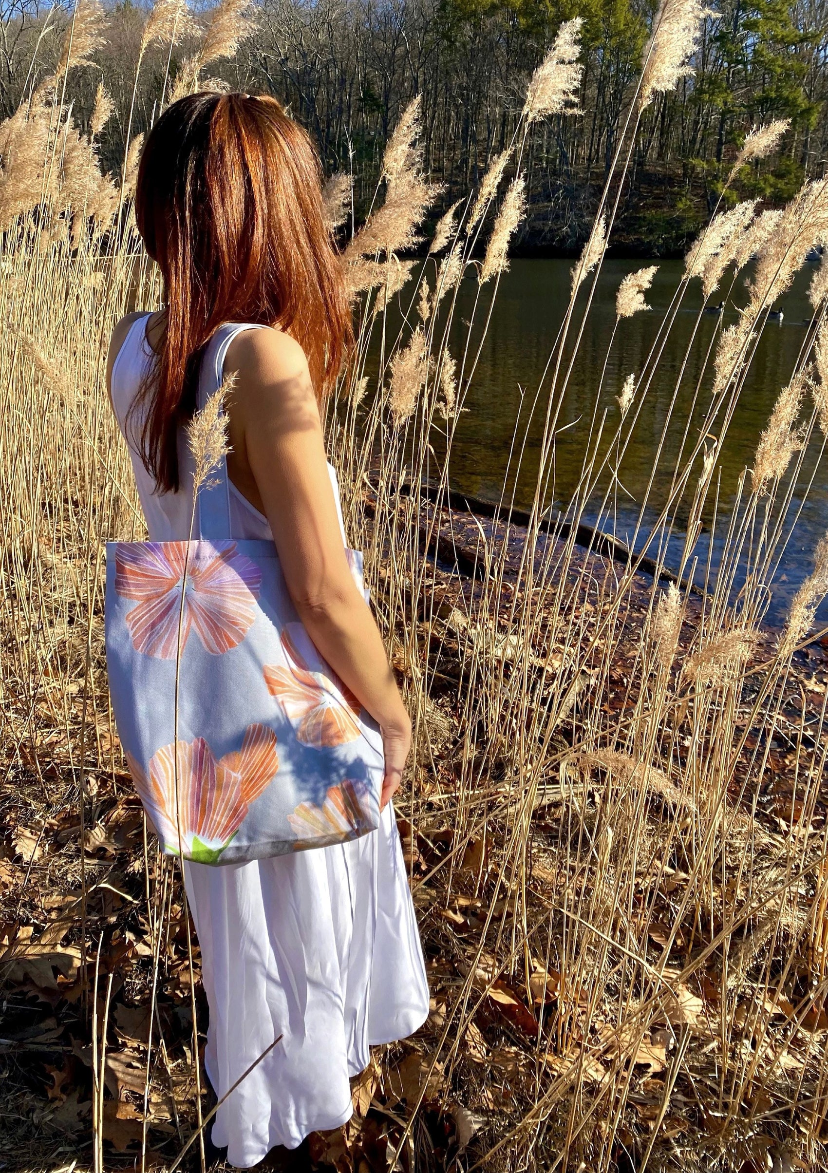 Tote Bag: Hibiscus on Grey - RoshelLuxe.com