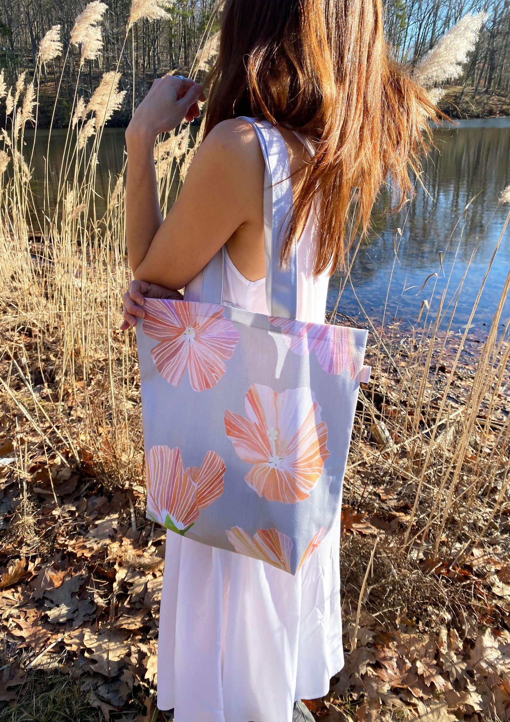Tote Bag: Hibiscus on Grey - RoshelLuxe.com