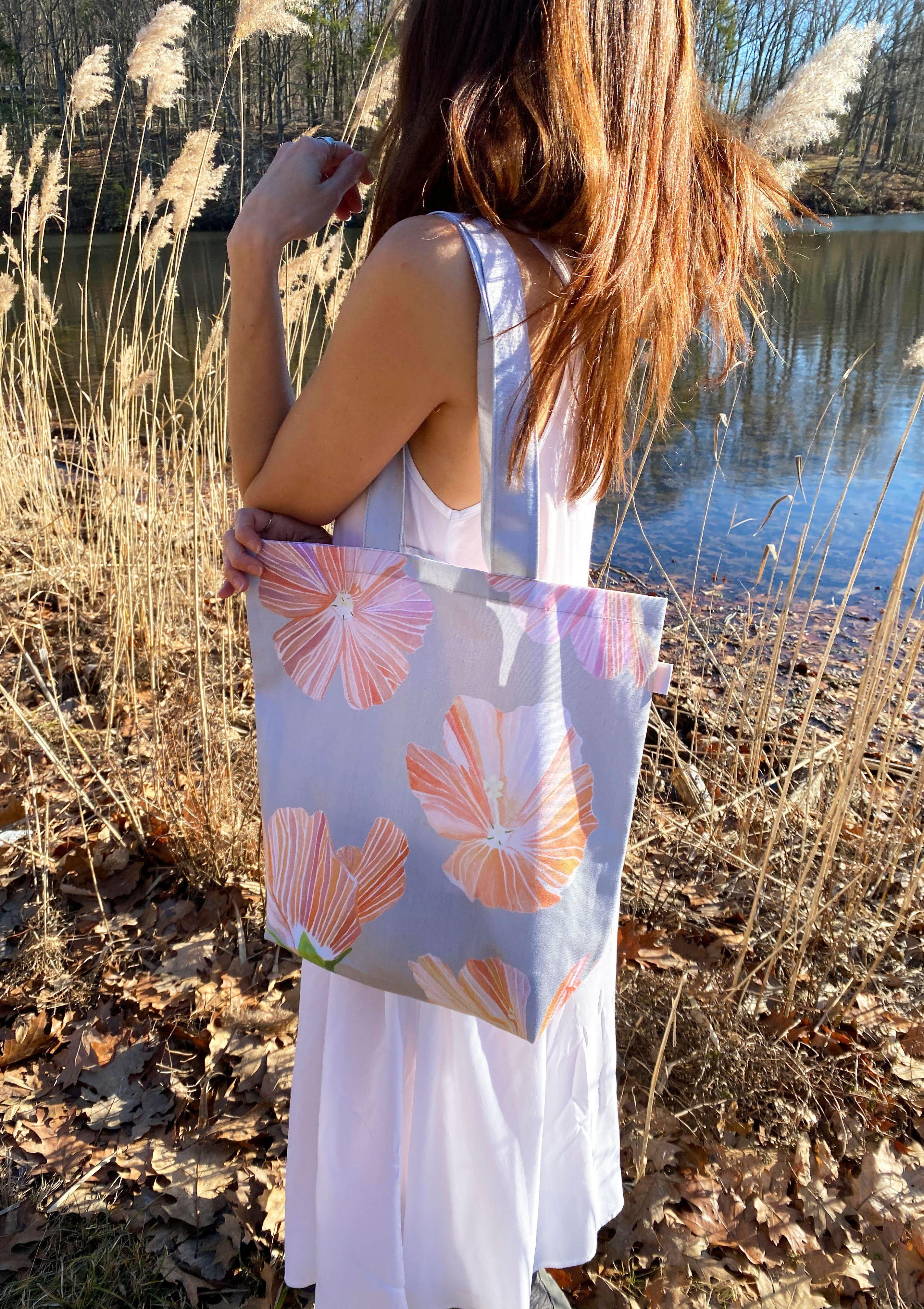 Tote Bag: Hibiscus on Grey