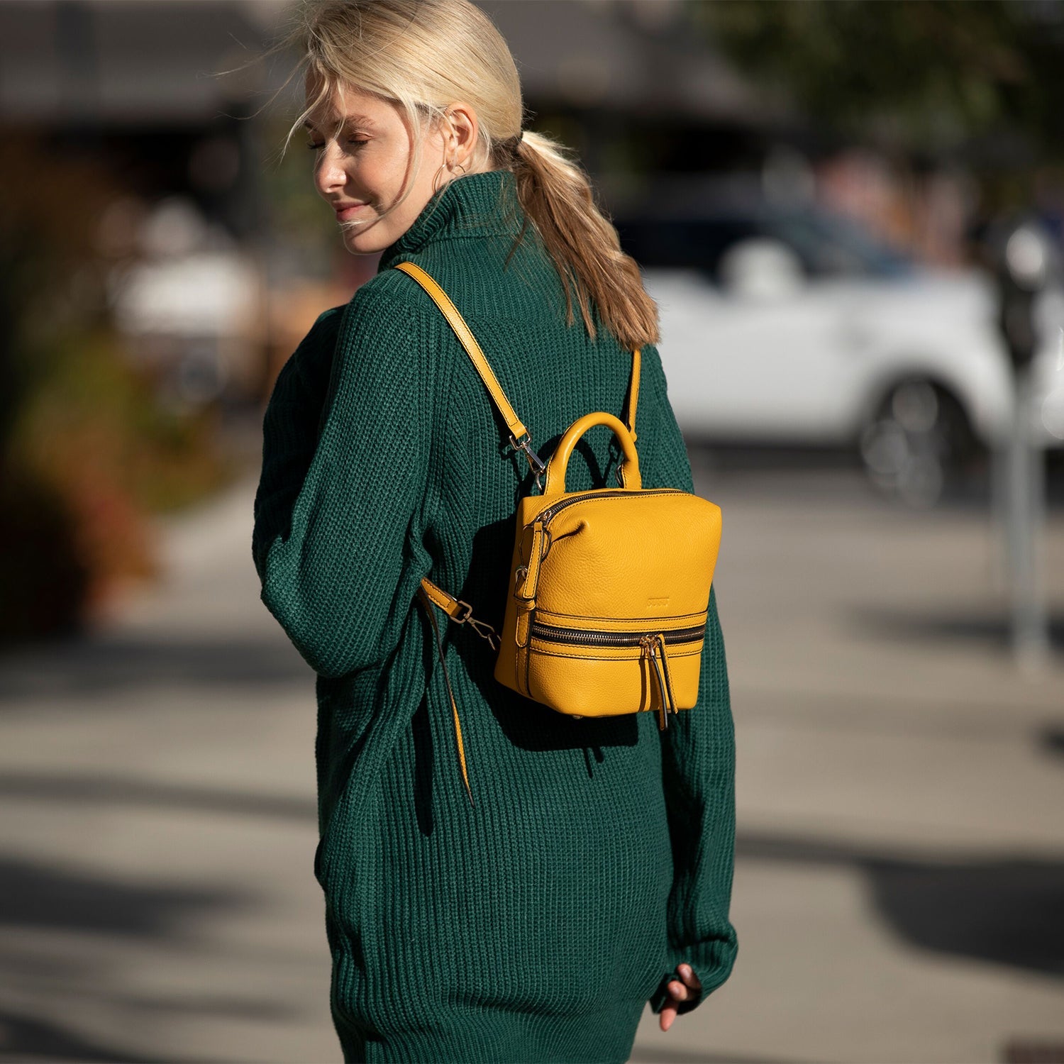 Leather Backpack for Women  Yellow Purse Convertible Crossbody Bag Medium Size with Front and Back Pockets - RoshelLuxe.com