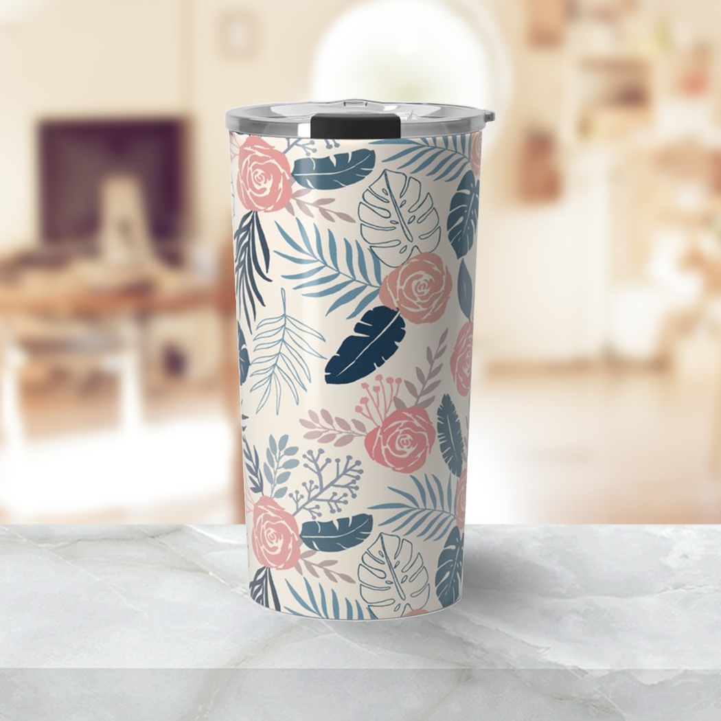 Blue and Blush Tropical Floral Travel Mug